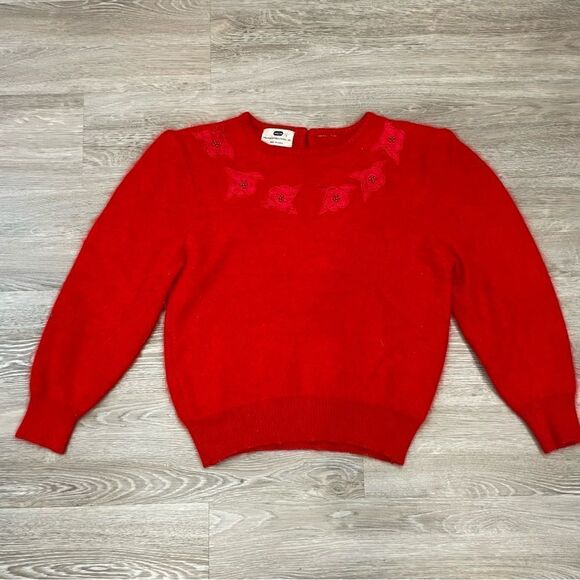 Vintage 90s angora sweater red rabbit hair beaded detail boat neck sweater 80s - Picture 2 of 7